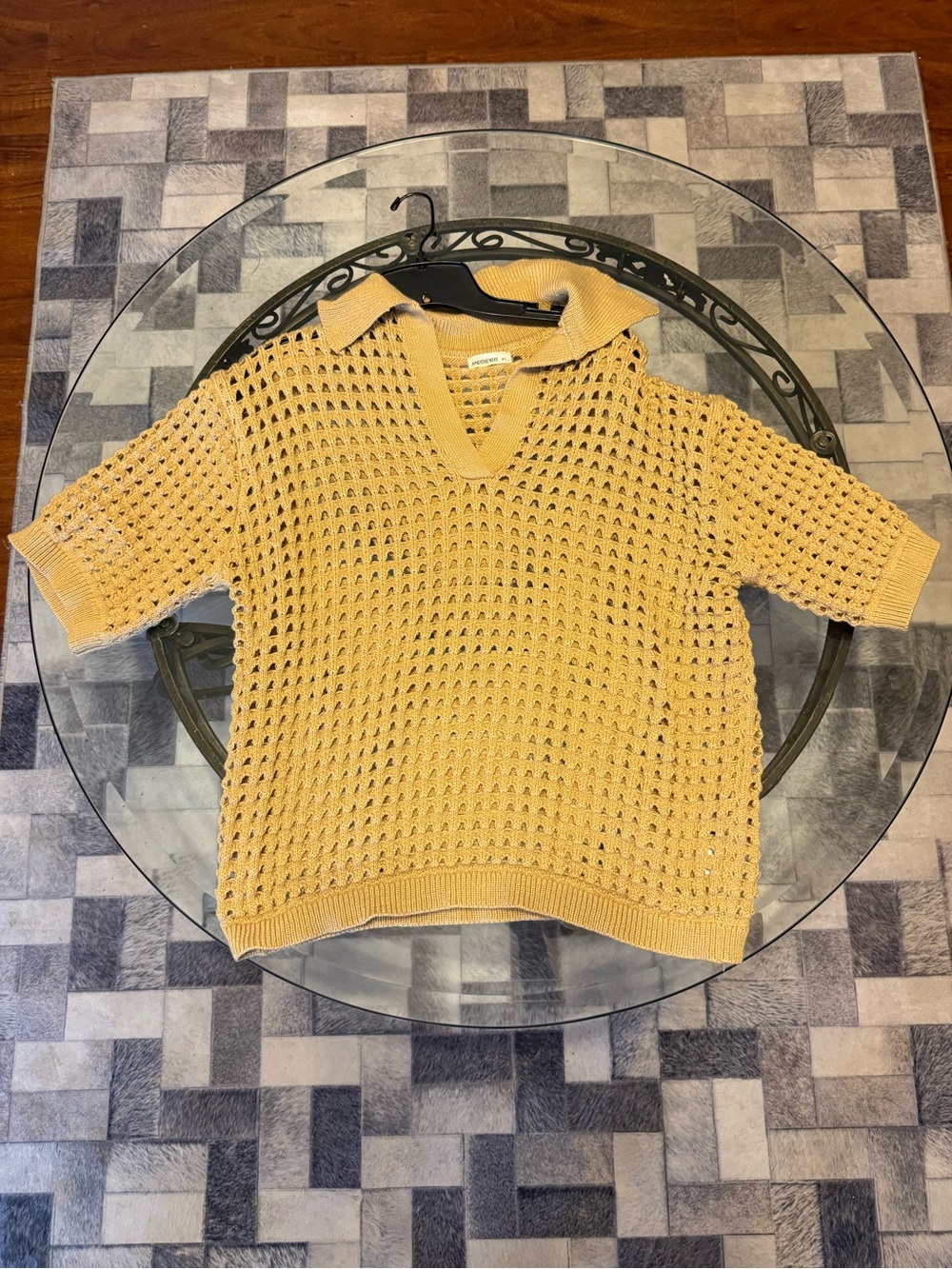 Open-Knit Short Sleeve Sweater Polo in Mustard